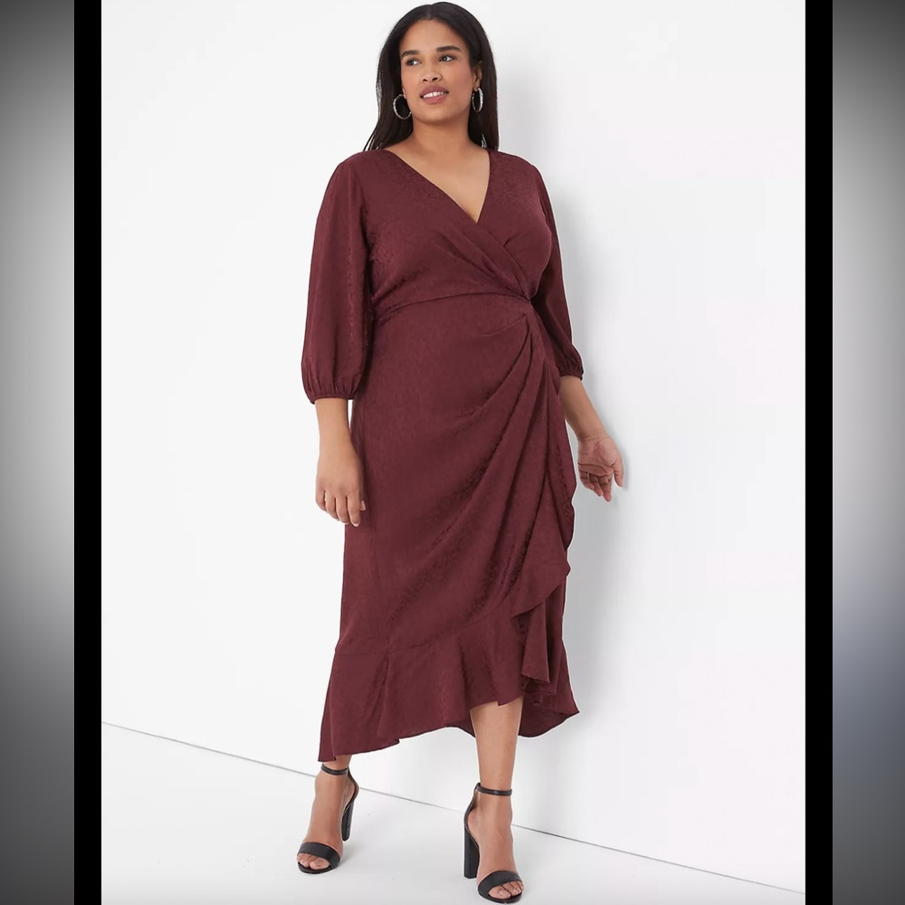 LANE BRYANT Merlot Animal Print Ruffle Fitted Midi Dress Plus Size 20P NEW